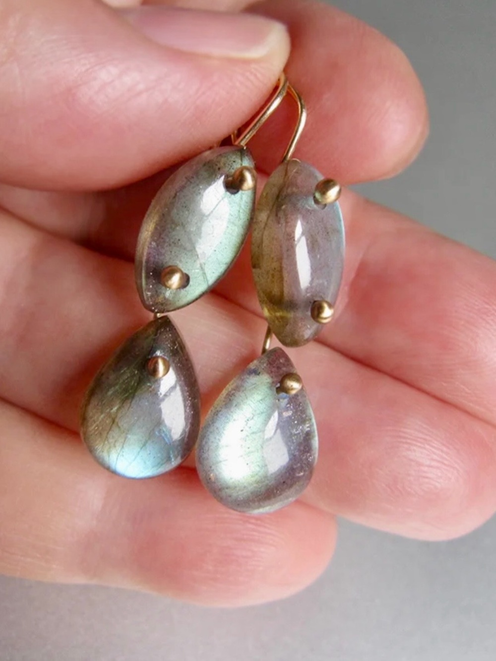 Labradorite Blue Green Smooth, Double Drops, Solid 14k Gold Earrings, Handmade